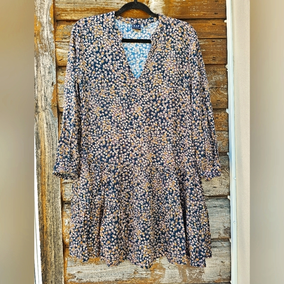 Gap Tiered Flowy Fall Blue, Green & Yellow Floral Vneck Midi Longsleeve Dress - Picture 7 of 16